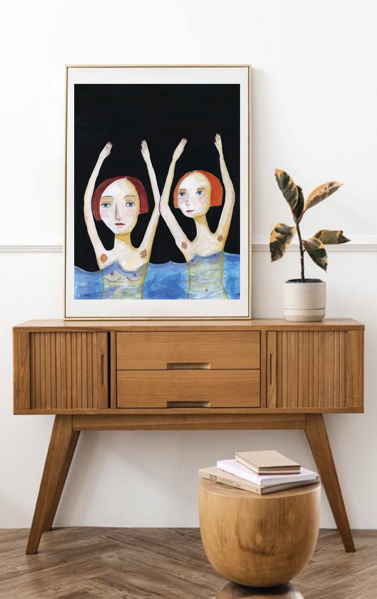 Naive Portrait Watercolour By Sharyn Bursic, 12 X 17", Swimming Girls, Original Artwork