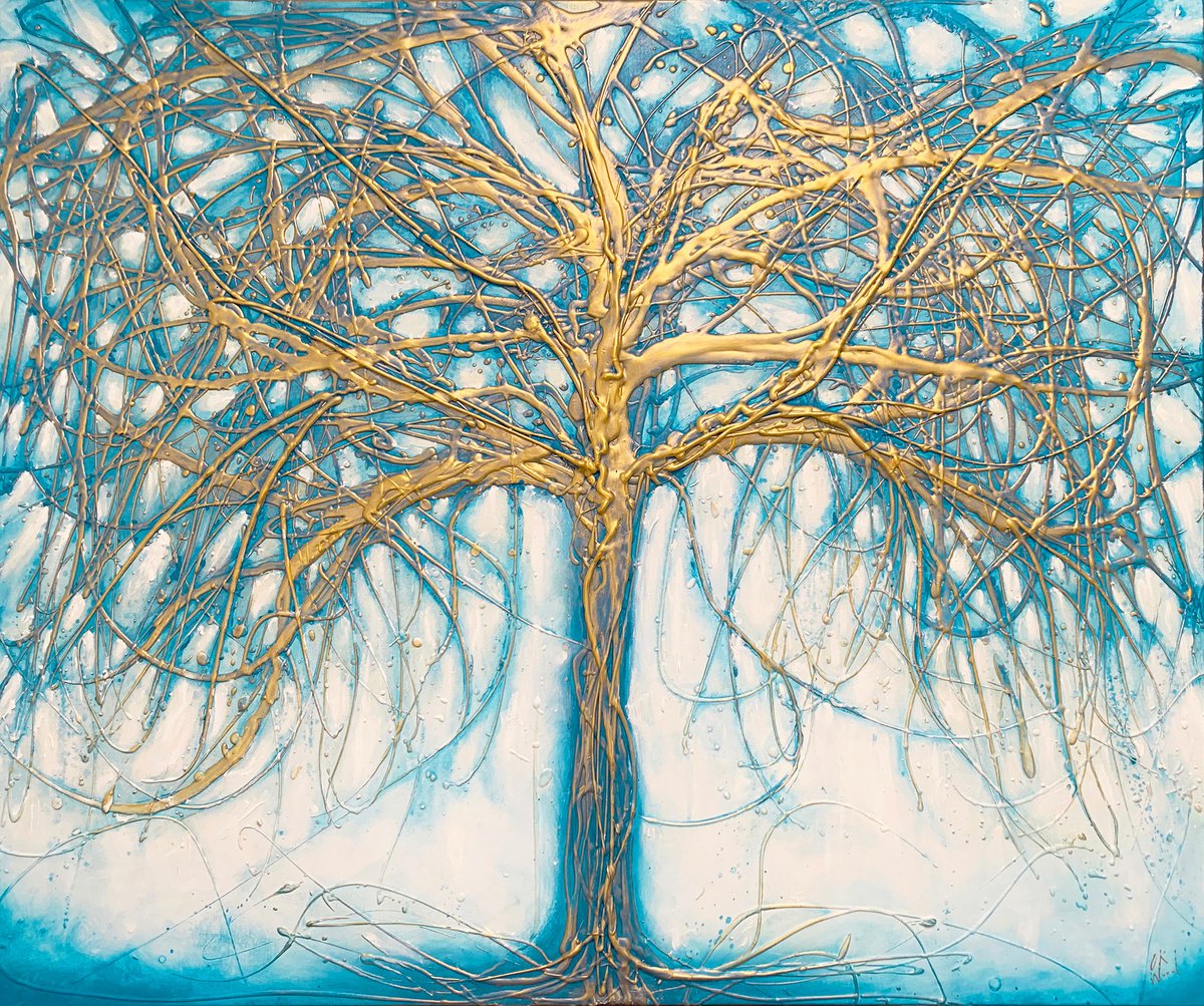Tree of Gold and Turquoise Teal 120cm x 100cm by Carol Wood