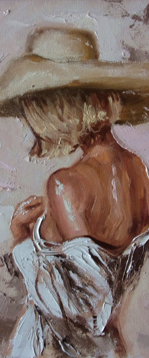 " LONGING FOR SUMMER ... " SUN SKY SEA SAND liGHt  ORIGINAL OIL PAINTING, GIFT, PALETTE KNIFE by Monika Luniak