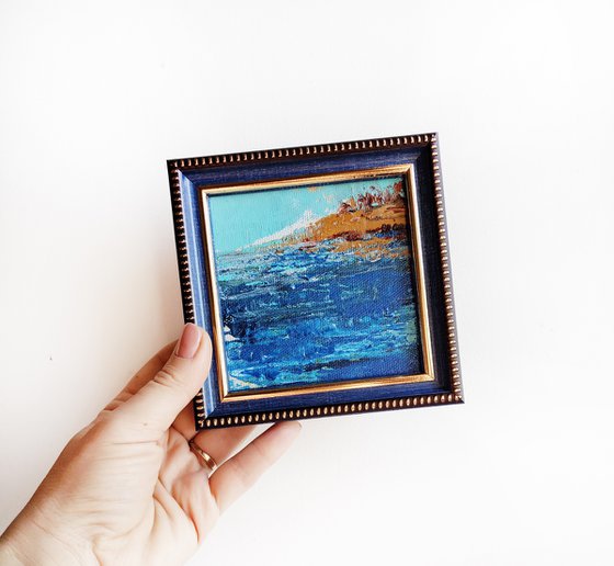 Ocean landscape art painting original 4x4, Abstract art landscape wall art mini painting, One of kind gift