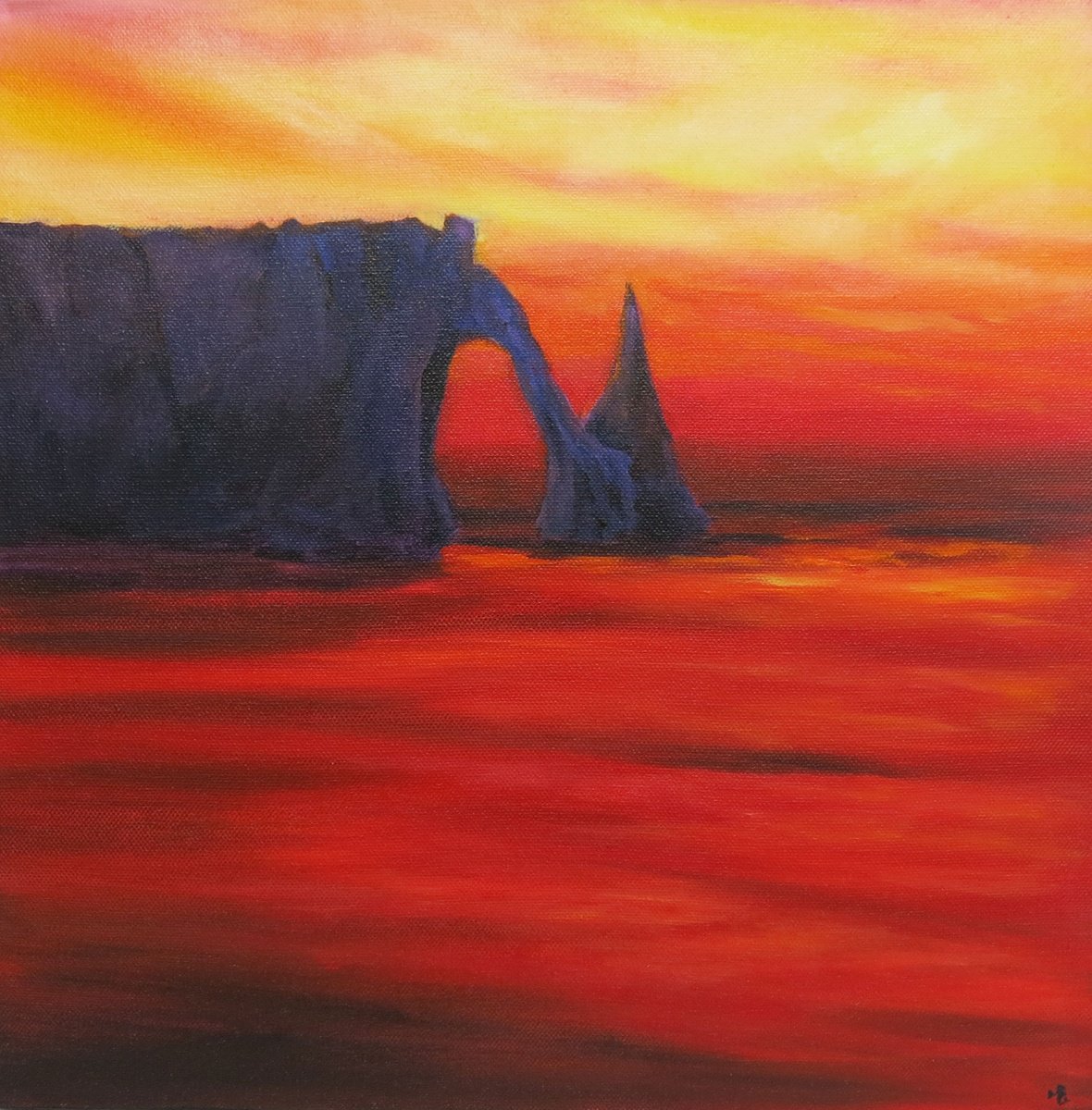 Impressionistic Landscape Oil Painting By Maureen Greenwood, 16 X 16", Sunset In Etretat, Normandy, Original Artwork