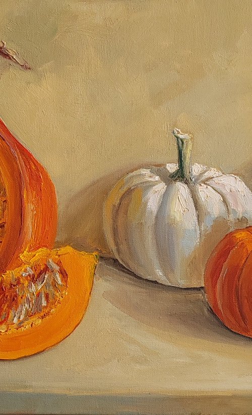 Orange hokkaido pumpkin still life by Leyla Demir