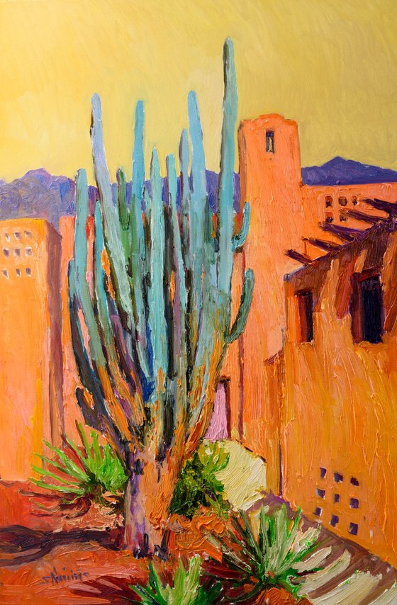 Southwestern Landscape, Cactus and hispanic Houses