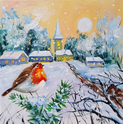 Robin on the edge of village by Kovács Anna Brigitta