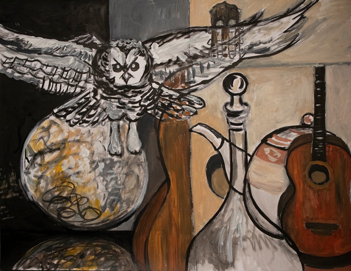 Stillife with flying owl sketch by Ren Goorman