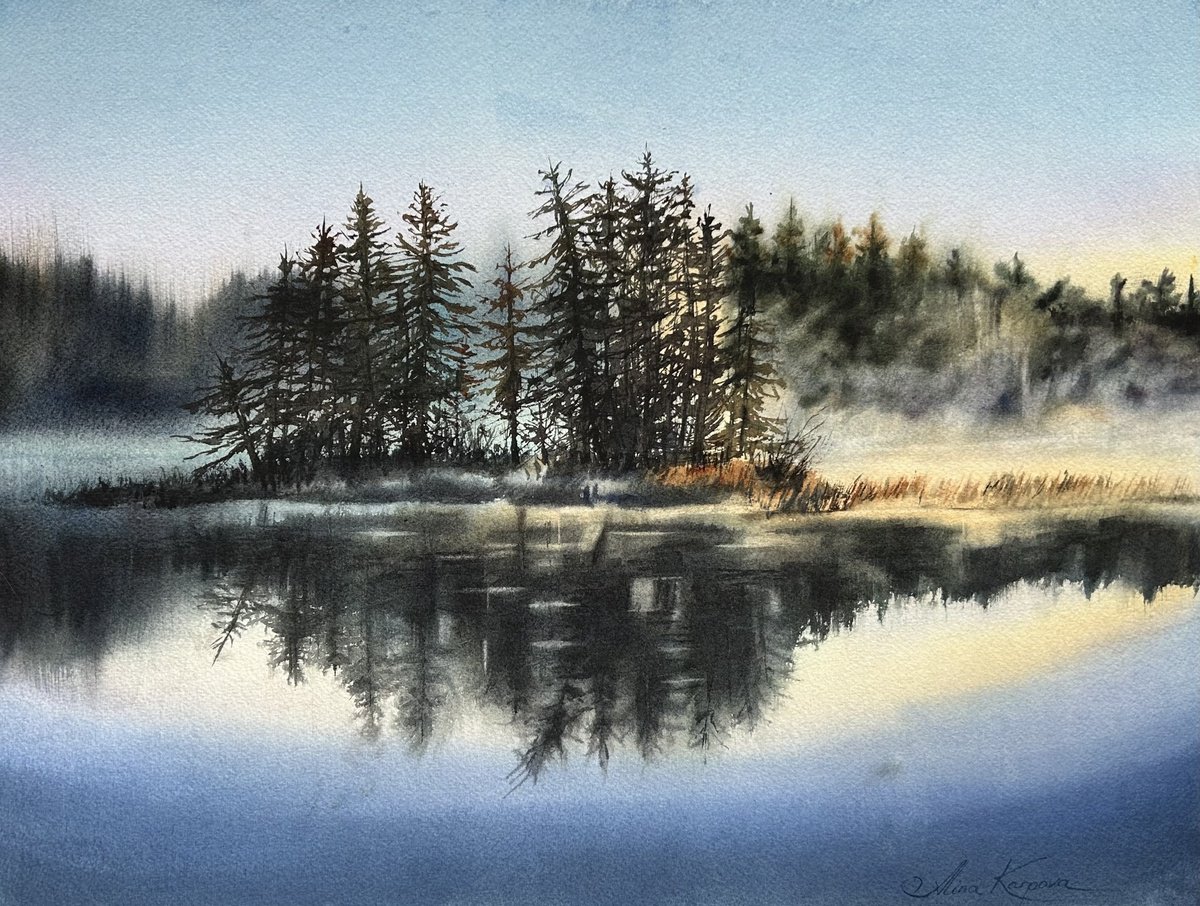 Photorealistic Landscape Watercolour By Alina Karpova, 16 X 12, Morning Reflection Landscape, Original Artwork