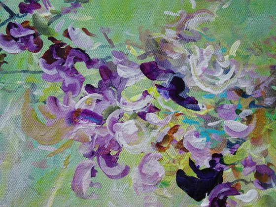 Original Abstract Floral Botanical Painting Textured Art Green Violet Purple Flowers II. Textured Modern Impressionistic Art. 2021
