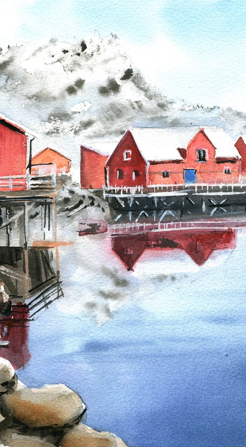 Scandinavian  painting with red houses, ocean painting , gift idea, , original watercolor artwork by Irina Povaliaeva