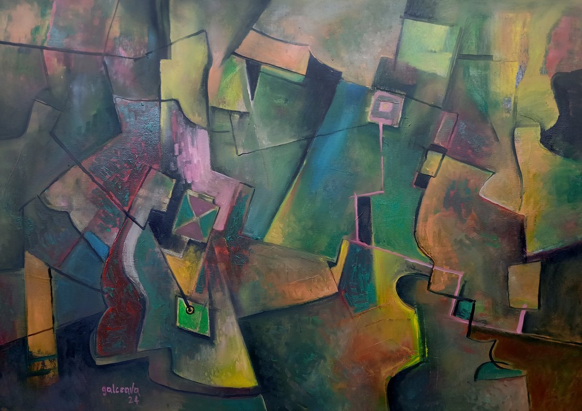 Geometric Abstract Oil Painting By Constantin Galceava, 39 X 28, Ascending Dance, Original Artwork