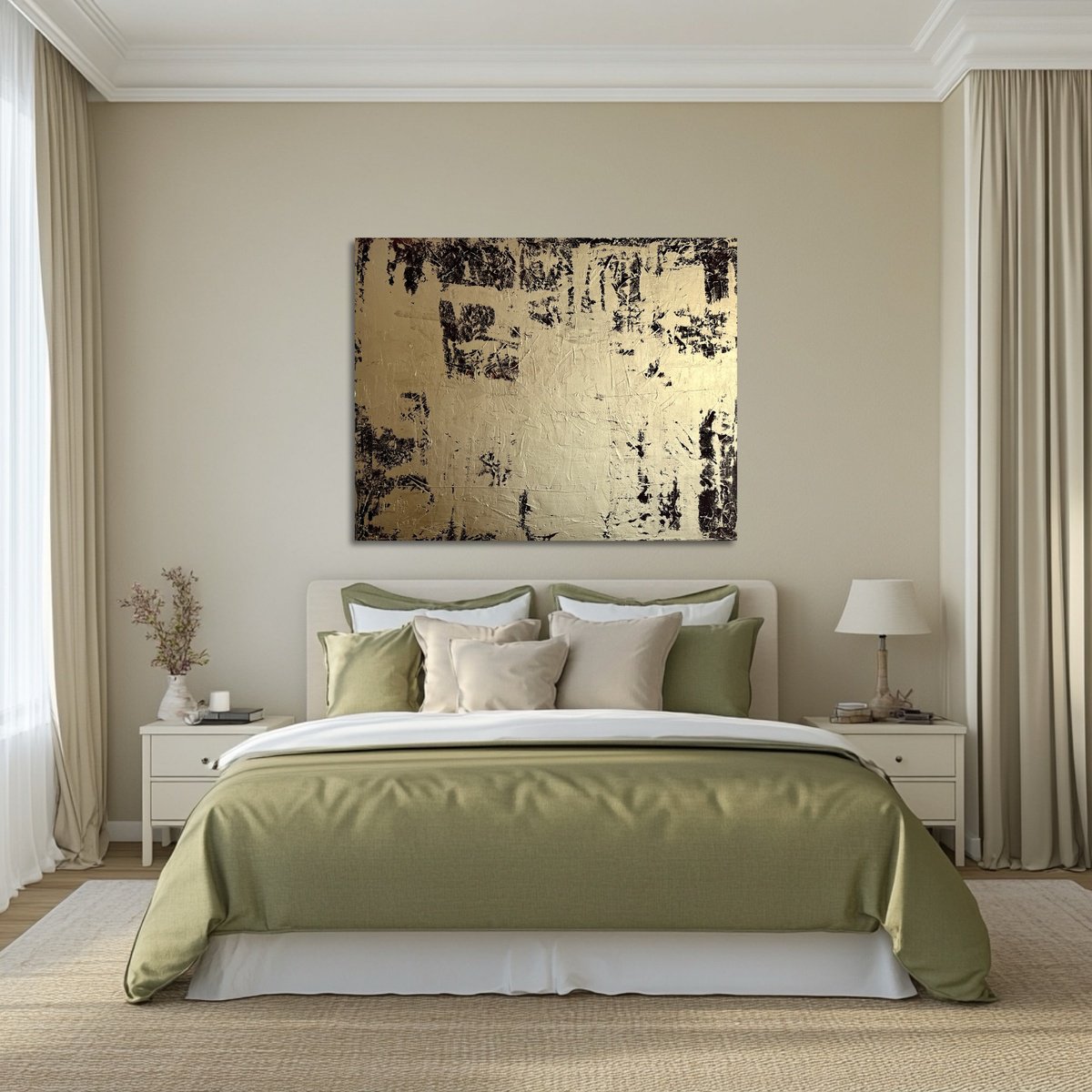 Abstract Acrylic Painting By Exclusive Arts, 39 X 31, Greengold On Grey, Original Artwork