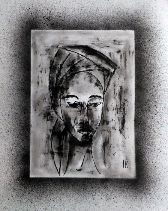 Woman portrait original oil monoprint on paper black monochrome art" In thoughts"