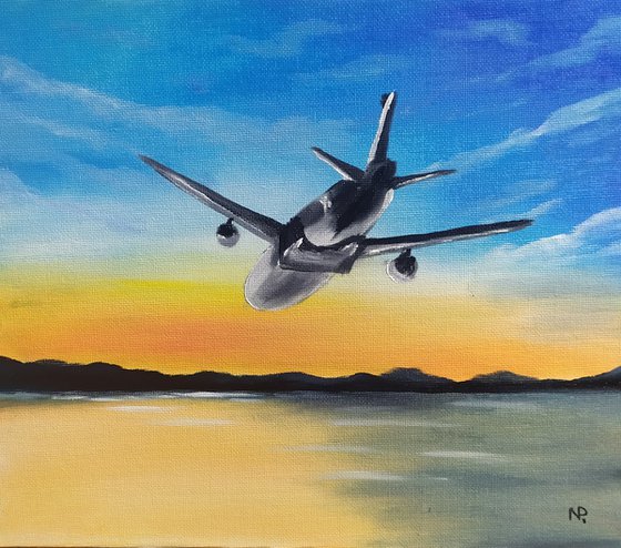 First flight, sky plane oil painting, Gift, impressionistic work