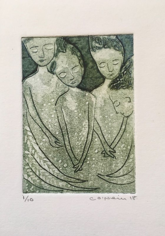 Angels   Collagraph   printed in green FRAMED  GIFT IDEA