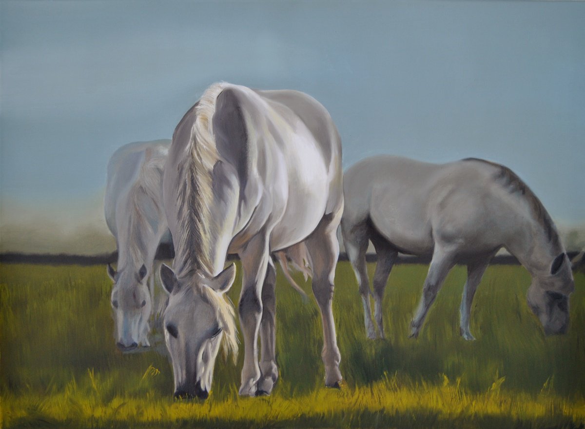 Photorealistic Landscape Oil Painting By Simona Tsvetkova, 28 X 20", White Horses, Original Artwork