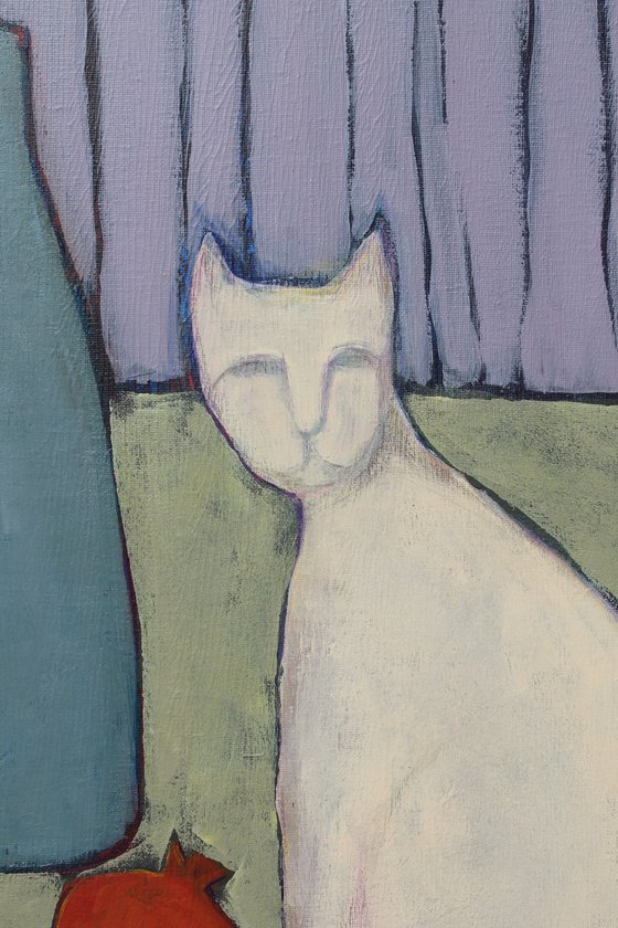 Still life and a white cat.