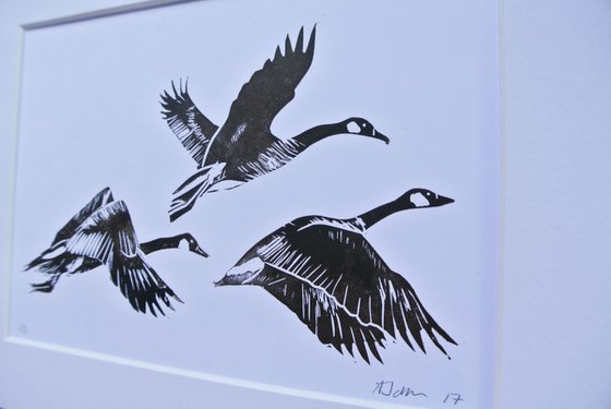Three Birds in Flight Linocut, Printed in Blue, Geese Migrating, Print on Paper, Mounted