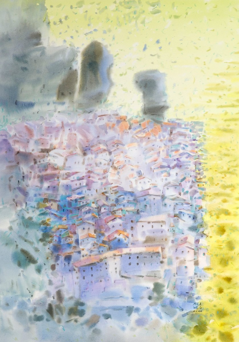 Impressionistic Landscape Watercolour By Mila Weis, 22 X 30", Evening Gold, Original Artwork