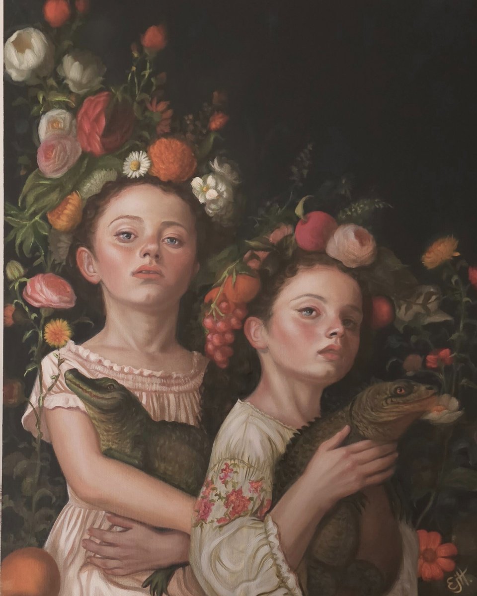 Photorealistic Portrait Oil Painting By Ellisa Hague, 16 X 20, Baby Dragons, Original Artwork