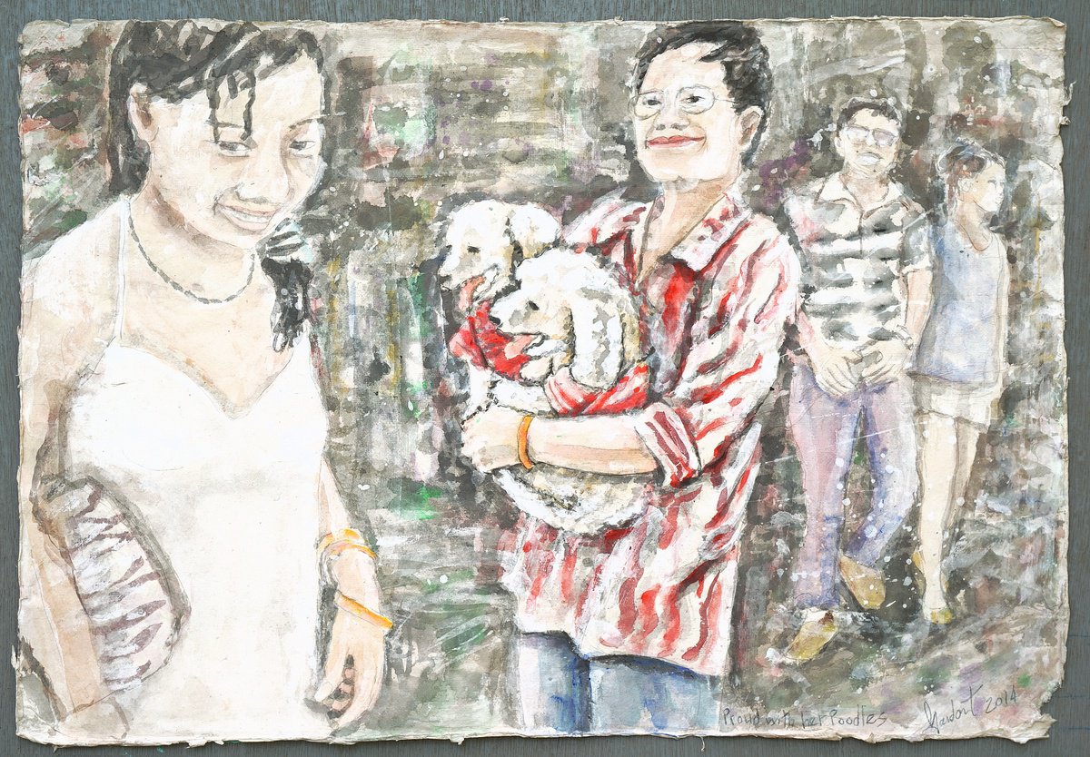 Impressionistic Portrait Painting By Gordon T., 32 X 22, Proud With Her Poodles, Original Artwork