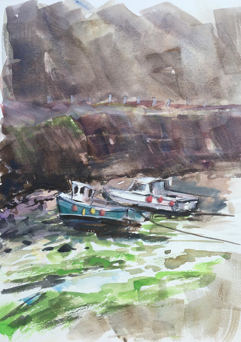 Boats in Boscastle harbour, Cornwall by Louise Gillard