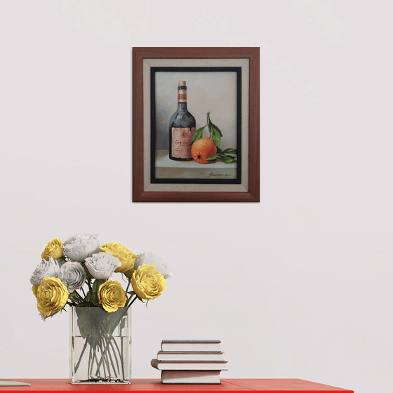 Still life with bottle and orange (24x30cm, oil painting, ready to hang, framed)