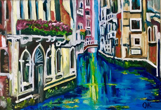 VENICE CANAL BRIDGE. PALETTE KNIFE OIL PAINTING. OFFICE URBAN WALL ART