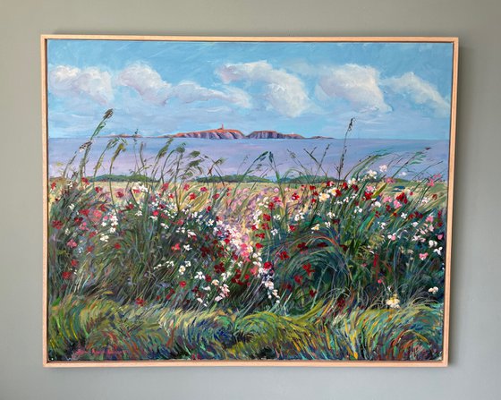 'The Isle of May seen from Fife, with glorious Wildflowers'