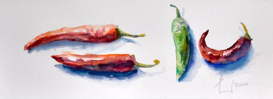 4 PEPPERS original watercolour 37x13