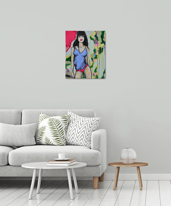 Green Loving Hot Peppers Girl - Original Modern Painting Art on Canvas Ready To Hang