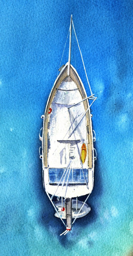 Sailing boat near the coast blue sea original watercolor painting medium size photorealistic stile gift idea