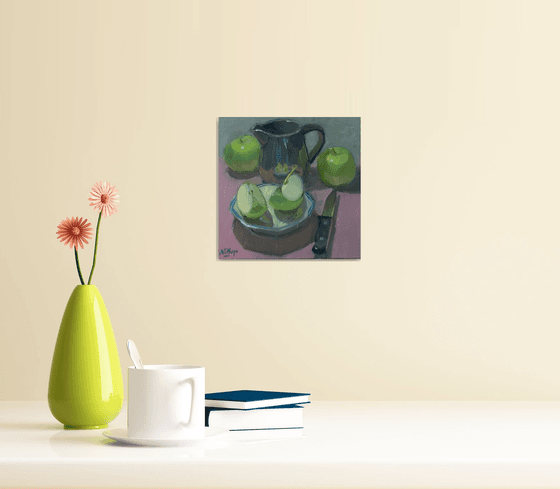 Original Kitchen Still Life - Green Apples and Knife