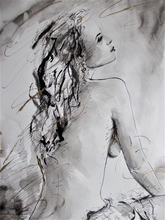 Moonlight Repose- Woman-Figurative Ink Drawing on Paper