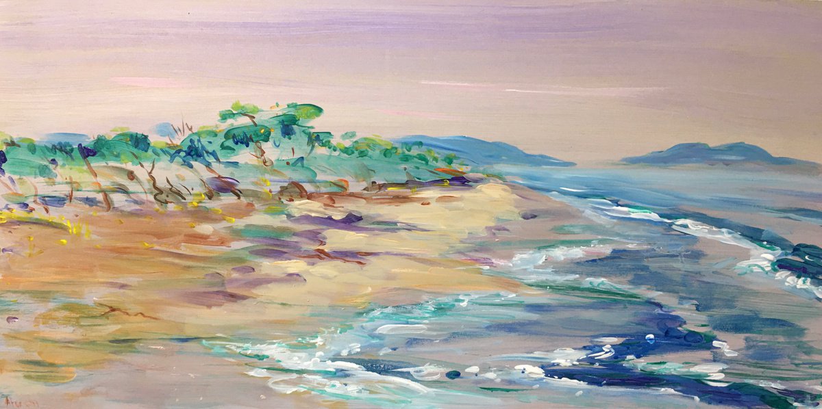 Expressive Landscape Acrylic Painting By Altin Furxhi, 31 X 15, Seashore In Seman Albania, Original Artwork