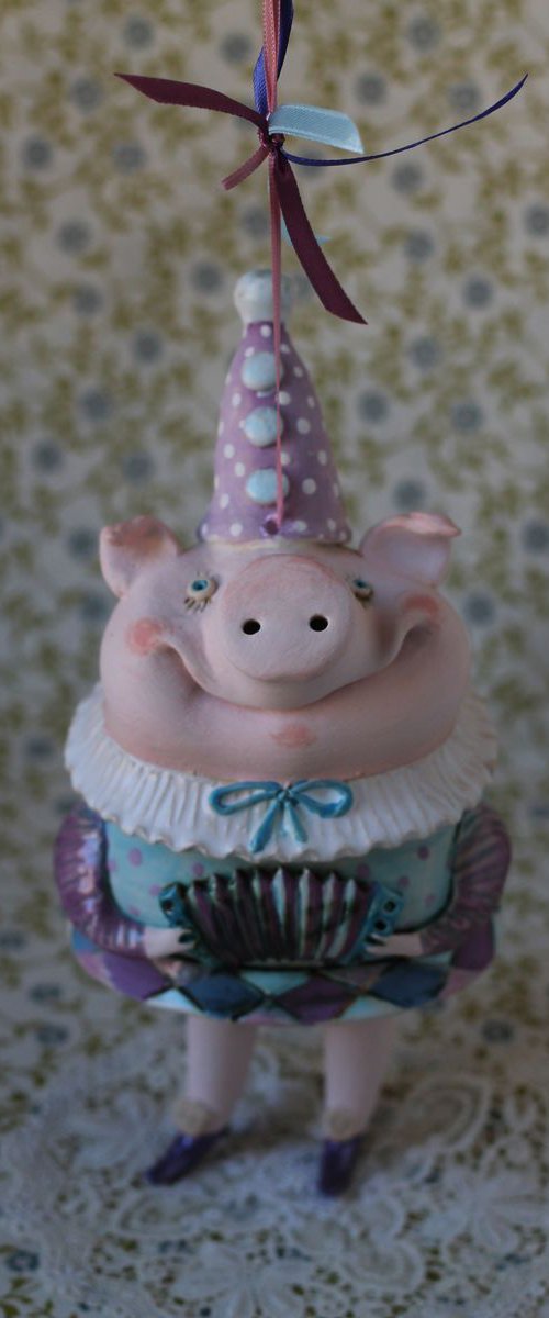 Happy Piglet Playing Accordion . Wall sculpture, bell doll by Elya Yalonetski by Elya Yalonetski