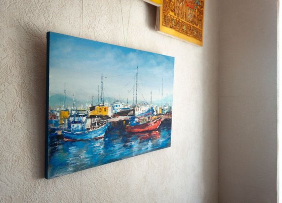 "Ships in the harbor", seascape , yachts