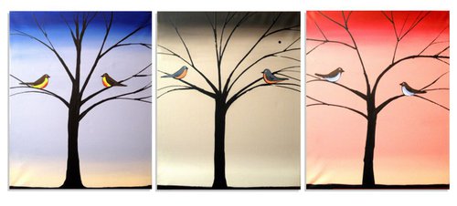 bird triptych landscape art "Bird Seasons" hand made original 48 x 20 inches by Stuart Wright