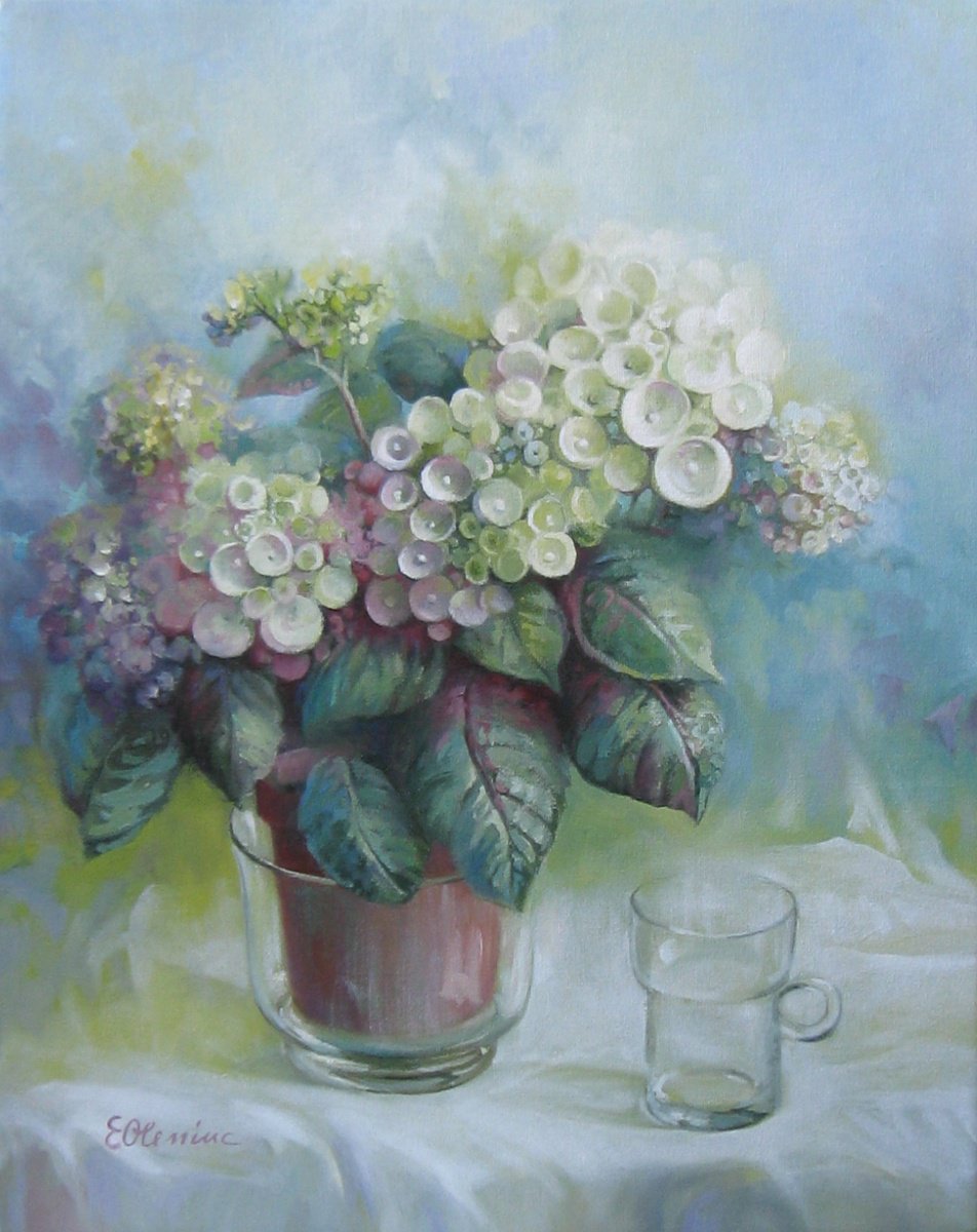 Impressionistic Still Life Oil Painting By Elena Oleniuc, 16 X 20, Hydrangea, Original Artwork