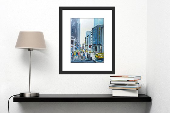 NEW YORK FIGURES YELLOW TAXIS. Original Cityscape Figurative Oil Painting. Varnished.