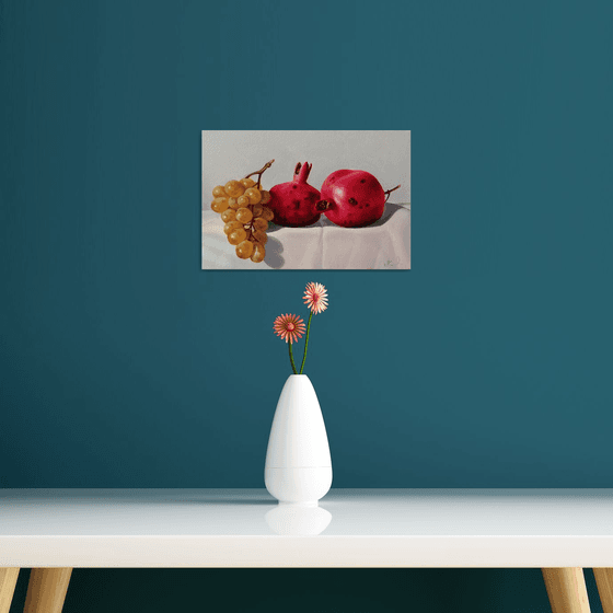 Still life with pomegranates and grape (20x30cm, oil painting, ready to hang)