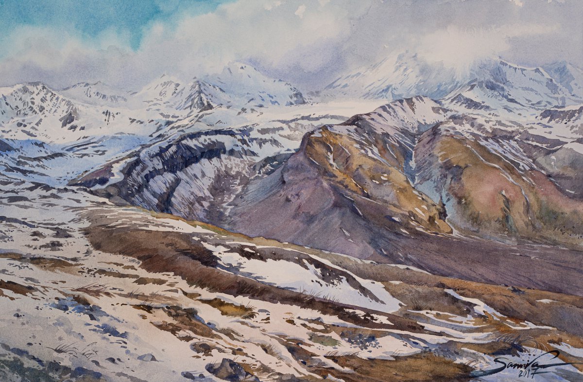 Photorealistic Landscape Watercolour By Samira Yanushkova, 22 X 14", Mountains, Original Artwork