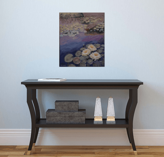 Waterlily. (GIFT IDEA, HOME IMPRESSIONISTIC DECORATION original painting oil on canvas, 50x60cm) ready to hung, gallery wrapped.