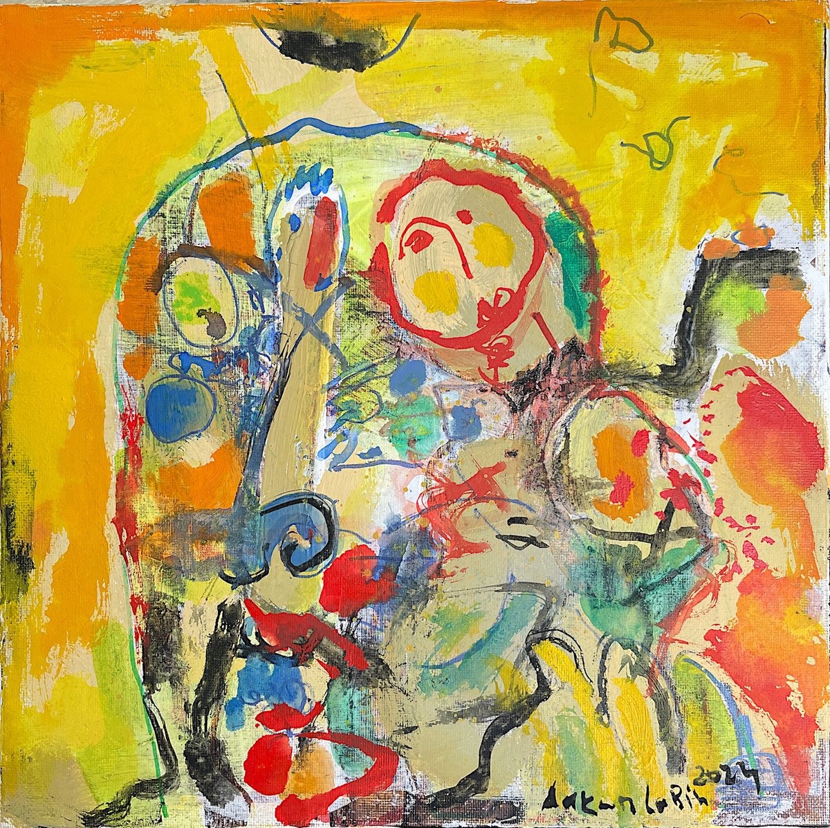 Impressionistic Abstract Painting By Aaaron Labin (Grigoryan), 12 X 12, Yellow Fantasy Ii, Original Artwork