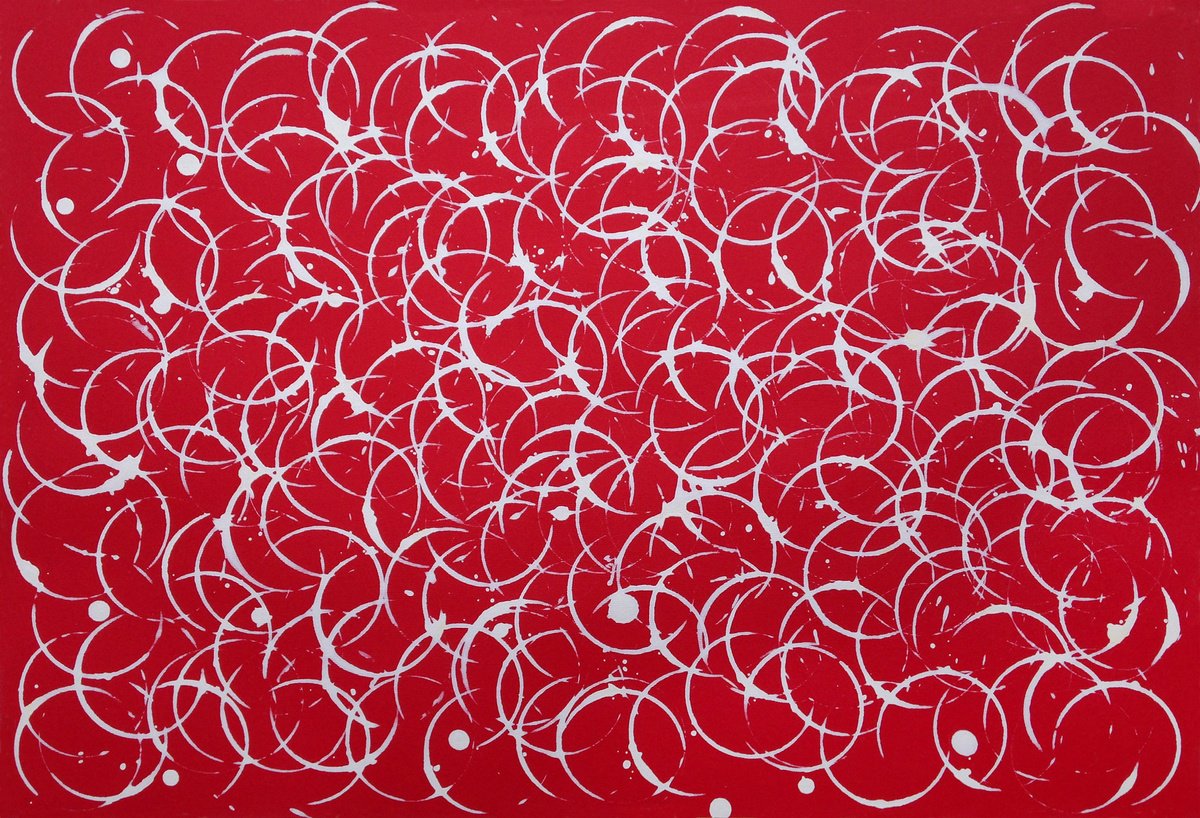 Geometric Abstract Acrylic Painting By Kosta Morr, 20 X 14", White On Red, Original Artwork