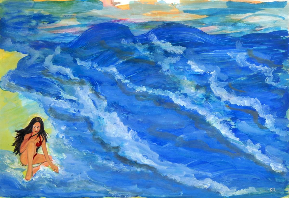 Illustrative Landscape Acrylic Painting By Cb., 22 X 15, Lady On The Beach, Original Artwork