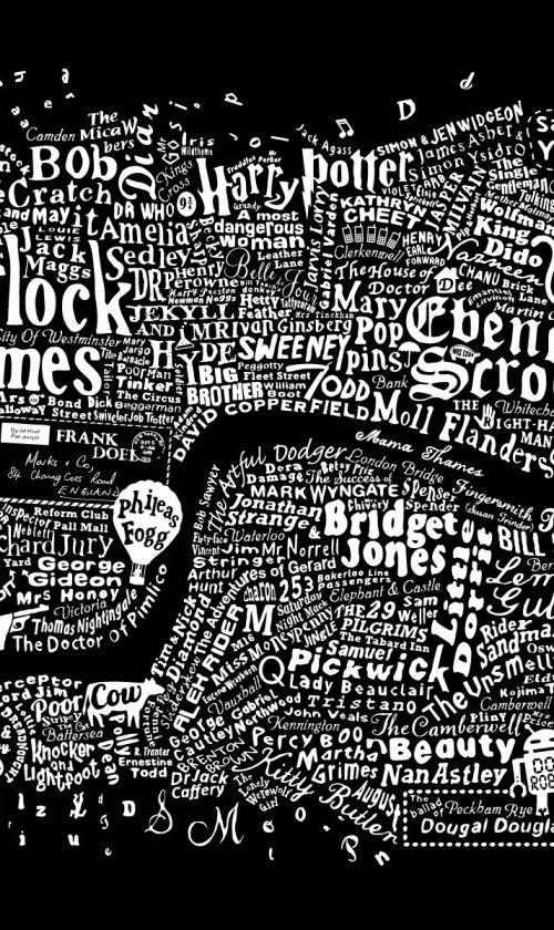 Literary Central London Map (black screenprint) by Dex