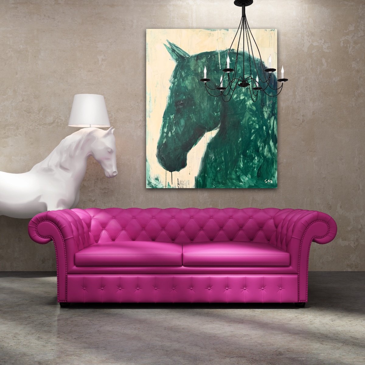 Abstract Animal Oil Painting By Liubou Sas, 39 X 47", Green Horse, Original Artwork