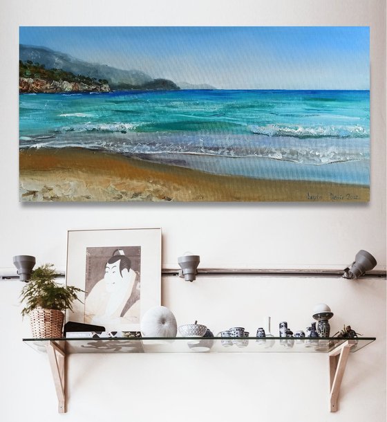 Coastal beach oil painting blue ocean landscape wall decor 10x20"