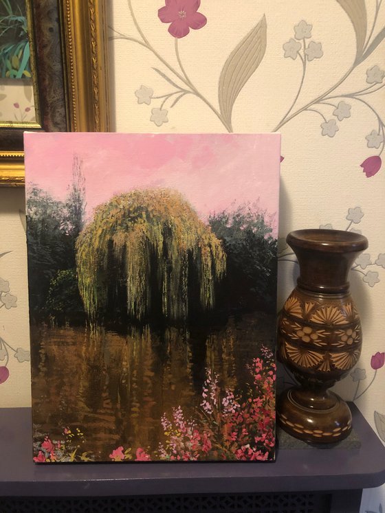 'The Elsham Willow II' Summer Peaceful Tree Reflections in Lake Impressionist Style Oil Painting