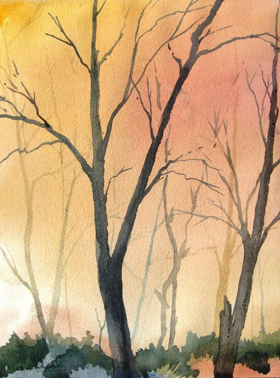 Autumn Morning Mist - Original Watercolor Painting