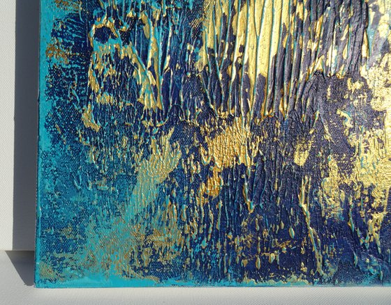 Blue and Gold Abstract Textured Painting. Triptych